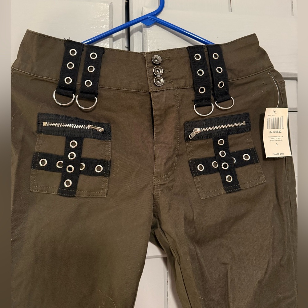 Hot Topic Dark Olive Pants with Black Accents - Picture 2 of 8